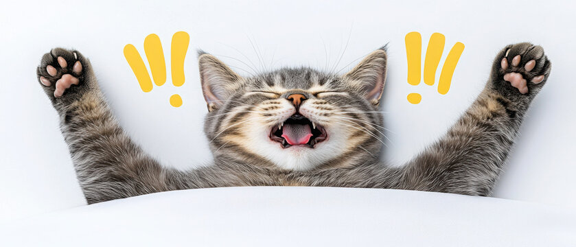 Fierce Yet Funny Cat Mid-Yawn in a Viral Moment. Sleepy cat stretching with paws up in a cozy setting.