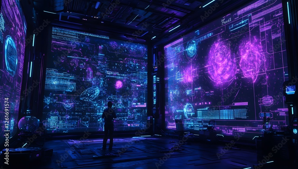 Poster futuristic lab, scientist observing holographic data displays