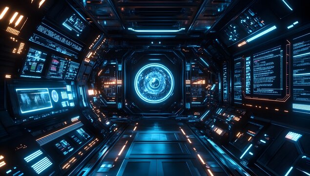 Futuristic spaceship corridor with glowing interface