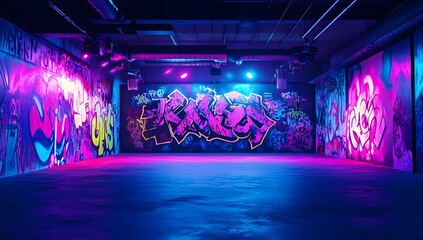 Graffiti-covered urban dance studio lit with vibrant neon
