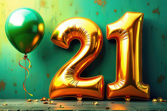 Greeting card for 21 years. Celebrate a 21st birthday with golden balloons and a green balloon against a festive background.