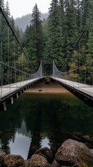 Fototapeta premium Suspension Bridge Over Calm Forest Lake, Surrounded by Tall Trees