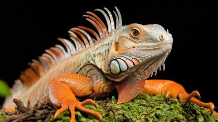 Obraz premium Orange iguana portrait, jungle background, exotic pet