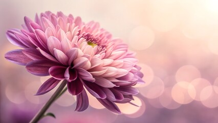 Fototapeta premium Pink Flower Bloom: A delicate pink chrysanthemum, with soft, velvety petals and a vibrant center, bursts into bloom against a background of gentle bokeh.
