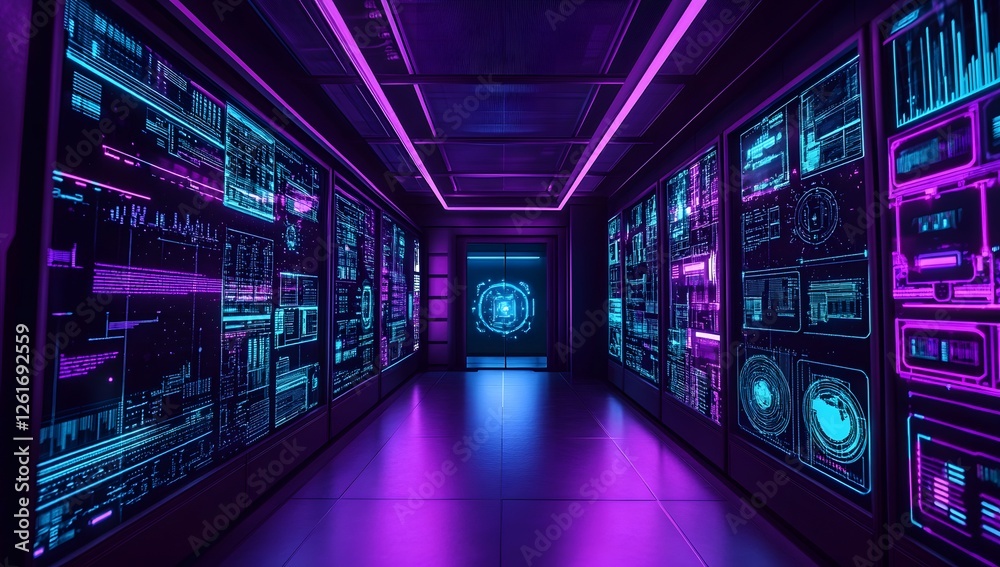Poster futuristic server room corridor with glowing displays