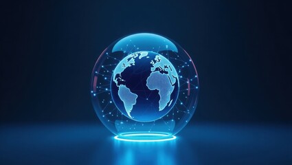 A futuristic digital globe with glowing blue lines and nodes, enclosed in a transparent glass sphere, symbolizing global connectivity and technology. The globe rotates on its axis, casting light refle