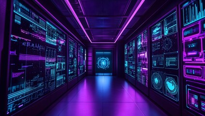 Futuristic server room corridor with glowing displays