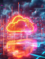 Fototapeta premium Digital Cloud Computing Concept With Neon Lights