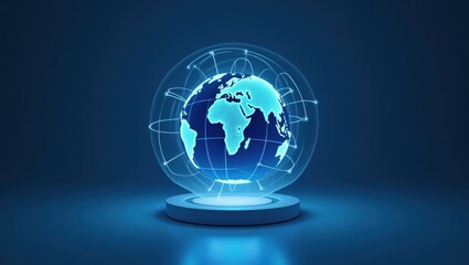 A futuristic digital globe with glowing blue lines and nodes, enclosed in a transparent glass sphere, symbolizing global connectivity and technology. The globe rotates on its axis, casting light refle
