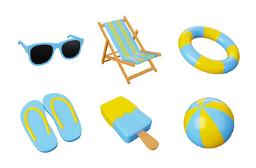 3D illustration icon set summer holidays seaside beach set on transparent background