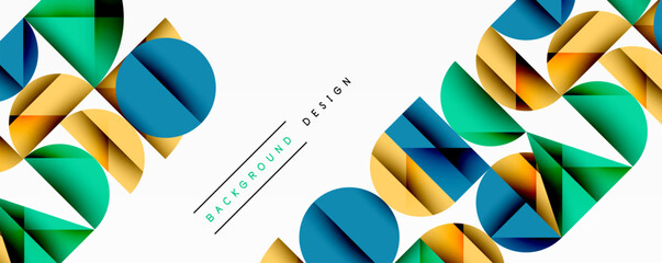 Abstract geometric background with layered gradient shapes forming dynamic patterns. Overlapping semi circles and triangles create depth and contrast