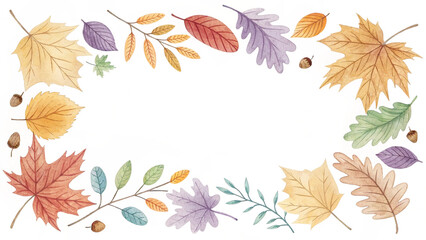 Watercolor autumn frame with roses and leaves isolated on a white background. Eucalyptus leaves frame background with watercolor