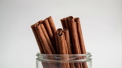 cinnamon stick in a glass jar on a white background