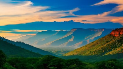 Fototapeta premium A serene landscape photograph of the Vindhya Range, a majestic mountain range in central India, with lush green forests and trees dotting the gentle slopes, set against a vibrant blue sky with a few w