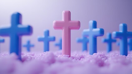 Fototapeta premium A pink cross is in the middle of a row of blue crosses