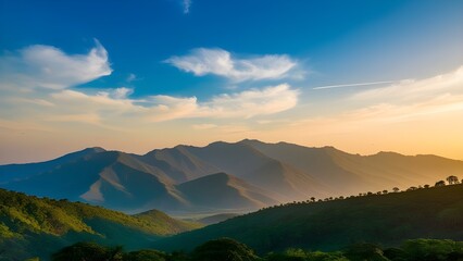 A serene landscape photograph of the Vindhya Range, a majestic mountain range in central India, with lush green forests and trees dotting the gentle slopes, set against a vibrant blue sky with a few w