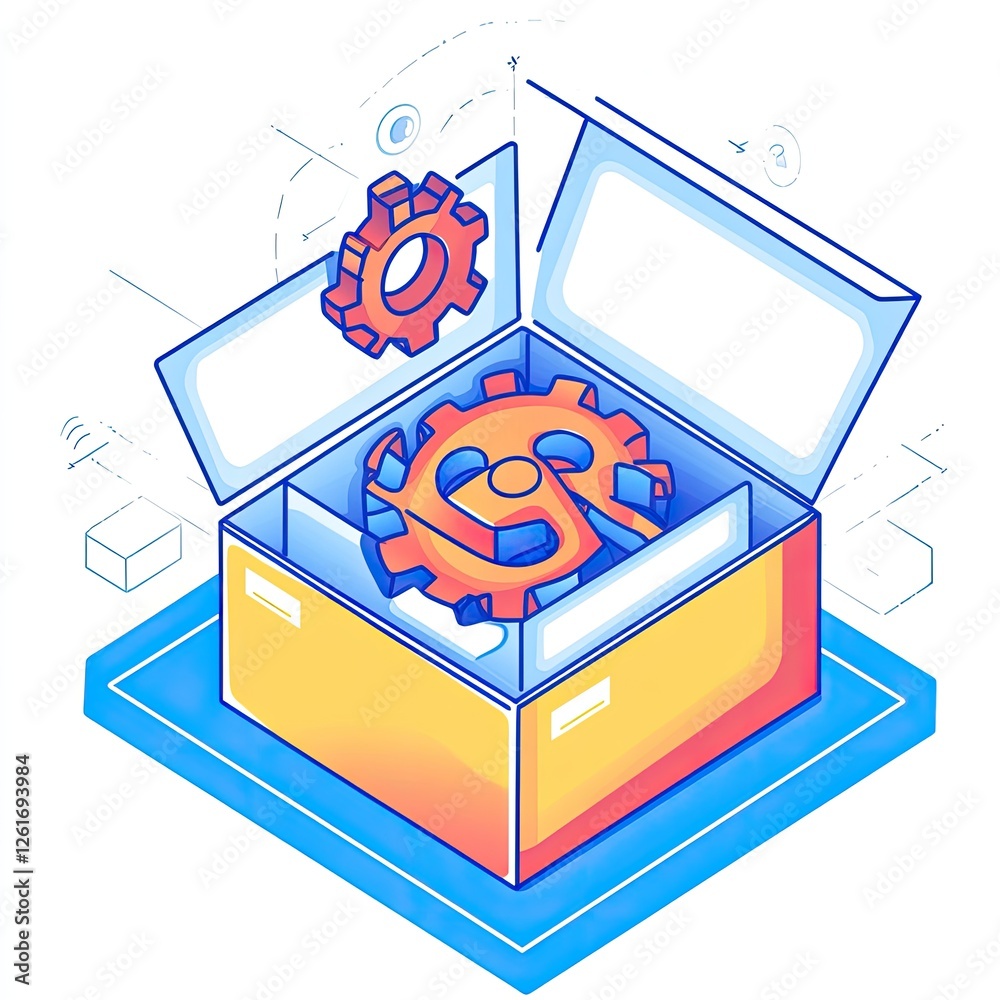 Poster Gears inside open box, system, concept, background with schematics