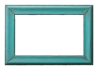 Aged turquoise wooden picture frame with rustic texture, isolated. Vintage home decor concept