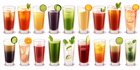 Collection of refreshing summer drinks, including juices, cocktails, and smoothies.