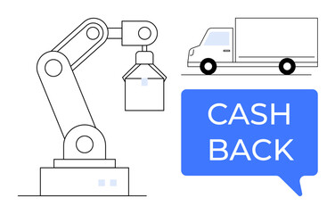Robotic arm holding box, delivery truck, CASH BACK speech bubble. Ideal for e-commerce, automation, logistics, customer return, supply chain management business efficiency profitability. Abstract
