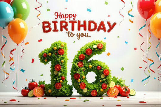Greeting card for 16 years. Celebrate a 16th birthday with colorful balloons, confetti, and numbers made of vegetables.