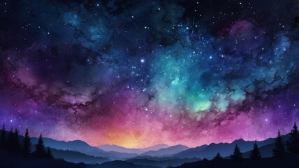 Fototapeta premium A stunning fantasy starry night sky with blue and purple hues, featuring a cosmic galaxy and aurora, in a 4K watercolor illustration, showcasing a colorful space background with shining stars.
