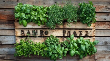 Fototapeta premium A diverse herb garden with basil, rosemary, thyme, and parsley growing in raised beds made from reclaimed wood.