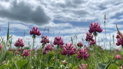 Obraz premium A field of red clover cover crop in full bloom, enriching the soil with nitrogen, under a partly cloudy sky.