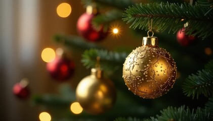 Golden ornament on Christmas tree branch, bokeh lights , bright, lights, festive