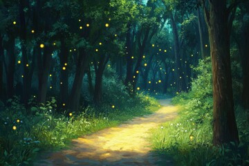 Fireflies dance in enchanted forest path nature scene evening glow