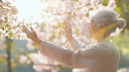 A graceful elderly woman practicing Tai Chi in a tranquil garden surrounded by blooming cherry blossoms. Dressed in a traditional white outfit, she moves with calm and focus, embodying mindfulness - Powered by Adobe