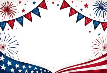 Obraz premium Hand-Drawn 4th of July Invite: Super Simple Sketch Style Template with American Flag Theme, Fireworks and Banners Clipart Elements on White Paper and a Clean White Background.