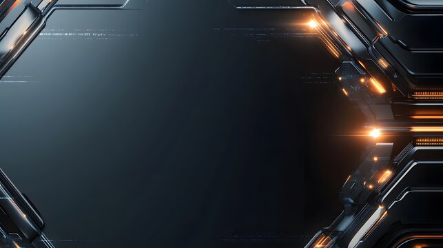 Futuristic metallic structure with glowing orange lights in dark scene