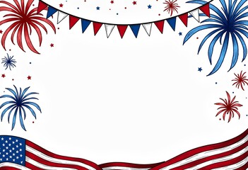 Obraz premium American Flag 4th of July Invitation: Super Simple Hand-Drawn Sketch Style Template with Fireworks and Banners Clipart, Minimal Details on White Paper and Isolated Background.