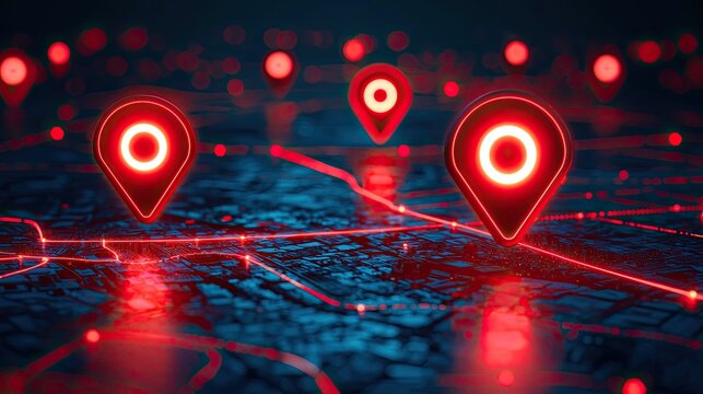 Vibrant digital map with glowing red location markers indicating points of interest at night