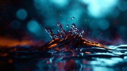 Dramatic Water Splash With Turquoise And Orange Lighting In Dark Setting