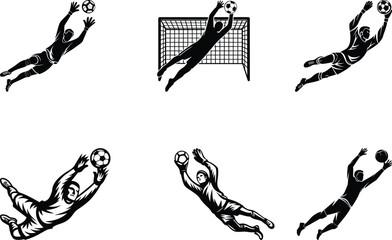 Soccer goal keeper silhouette or line art vector illustration set, Soccer goal keeper vector  icon design
