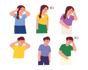 Fototapeta premium Tired Character have Headache, Dizziness and other Chronic Fatigue Syndrome Symptoms.