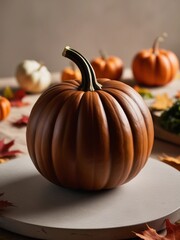 Fresh Pumpkin on Neutral Stone – Cozy Fall Setting with Soft Blurred Vegetables & Leaves