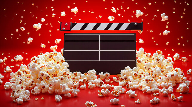 Movie clapperboard and popcorn on a red background