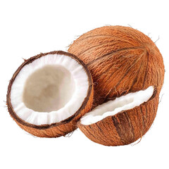 Fresh coconut halves with brown shell and white flesh