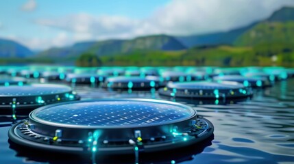 Innovative solar technology devices in a serene lakeside environment nature landscape close-up view renewable energy concept