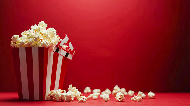 Movie clapperboard and popcorn on a red background