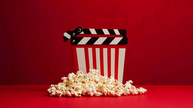 Movie clapperboard and popcorn on a red background