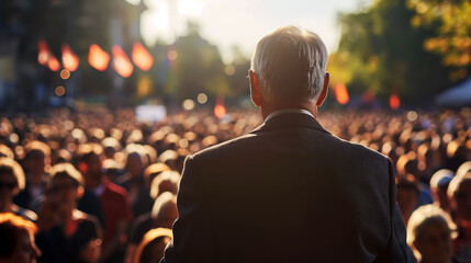 Politician addresses enthusiastic crowd on a bright sunny day during a public rally