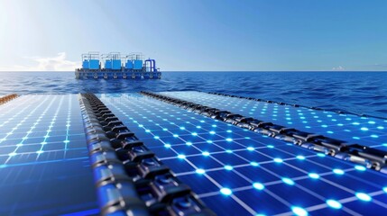 Obraz premium Innovative solar panel installation ocean waters technology showcase marine environment aerial view sustainable energy solutions