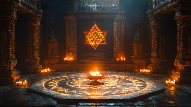 Mystical Tantra Vidya Practice with Sacred Geometric Patterns and Candles in an Ancient Temple