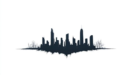 Fototapeta premium Silhouette of a city skyline with barren trees in the foreground against a white background