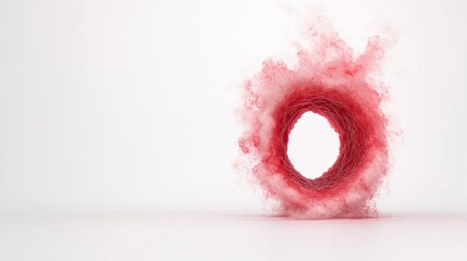 Abstract swirling red smoke forming a circular shape against a white background, creating a vibrant visual effect
