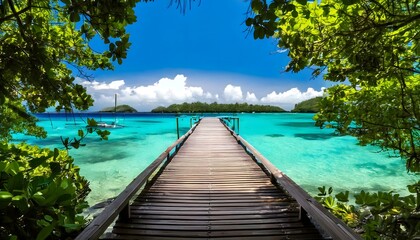 Idyllic wooden boardwalk stretching into the ocean towards a lush island paradise